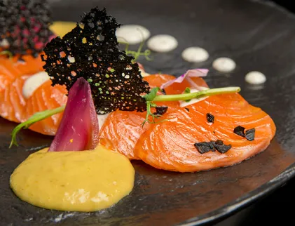 Sashimi di salmone marinato agli agrumi, salsa yogurt alle erbe e salsa guacamole